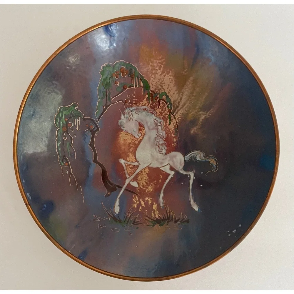Sagitta Holland Enamel Copper Bowl White Horse Unicorn Celestial Fairy MCM 7.75